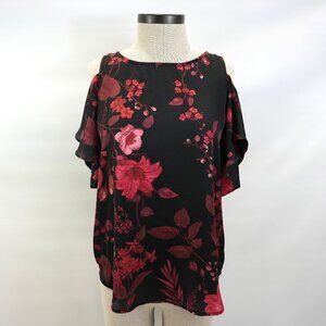 BCX Red Black Floral Cold Shoulder Satin Blouse Top Women's Size Meduim
